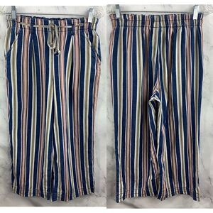 American Eagle Womens Striped Wide Leg Pants Blue Sz 2 Tie Waist Elastic Waist